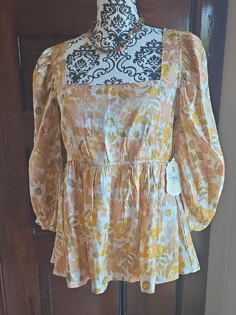 Altar'd State Floral Peasant Blouse in Mustard, Peach & Cream M - Picture 2 of 12